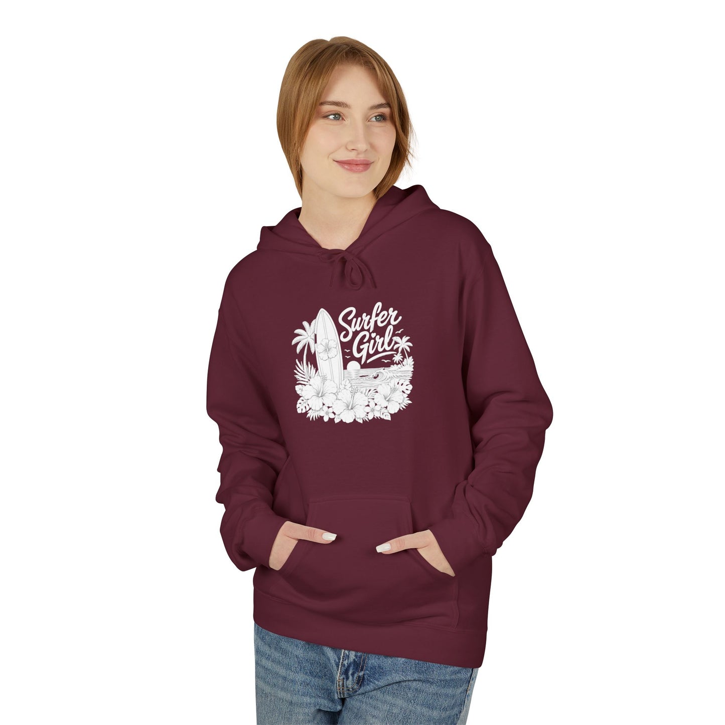 Surf Sketch Hoodie — Minimal Beach Palm Line Art Sweatshirt
