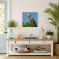 Nautical-themed room with a wooden console table, decorative items, and a painting of a heron.