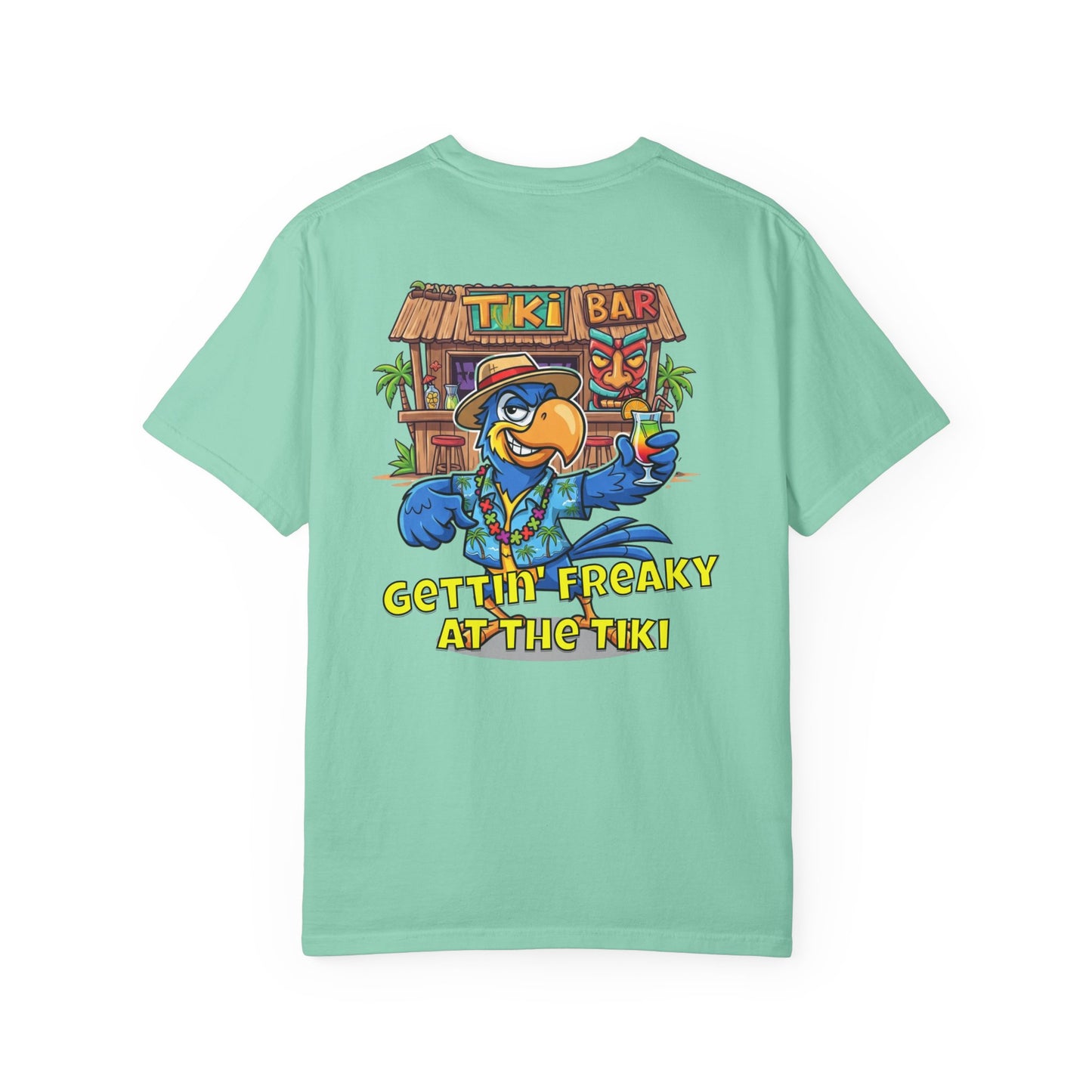 Light blue t-shirt with a colorful tiki bar graphic and text on the back, on a white background.