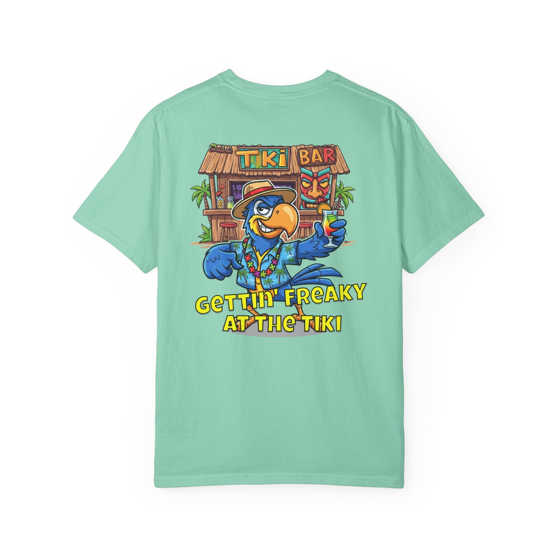 Light blue t-shirt with a colorful tiki bar graphic and text on the back, on a white background.