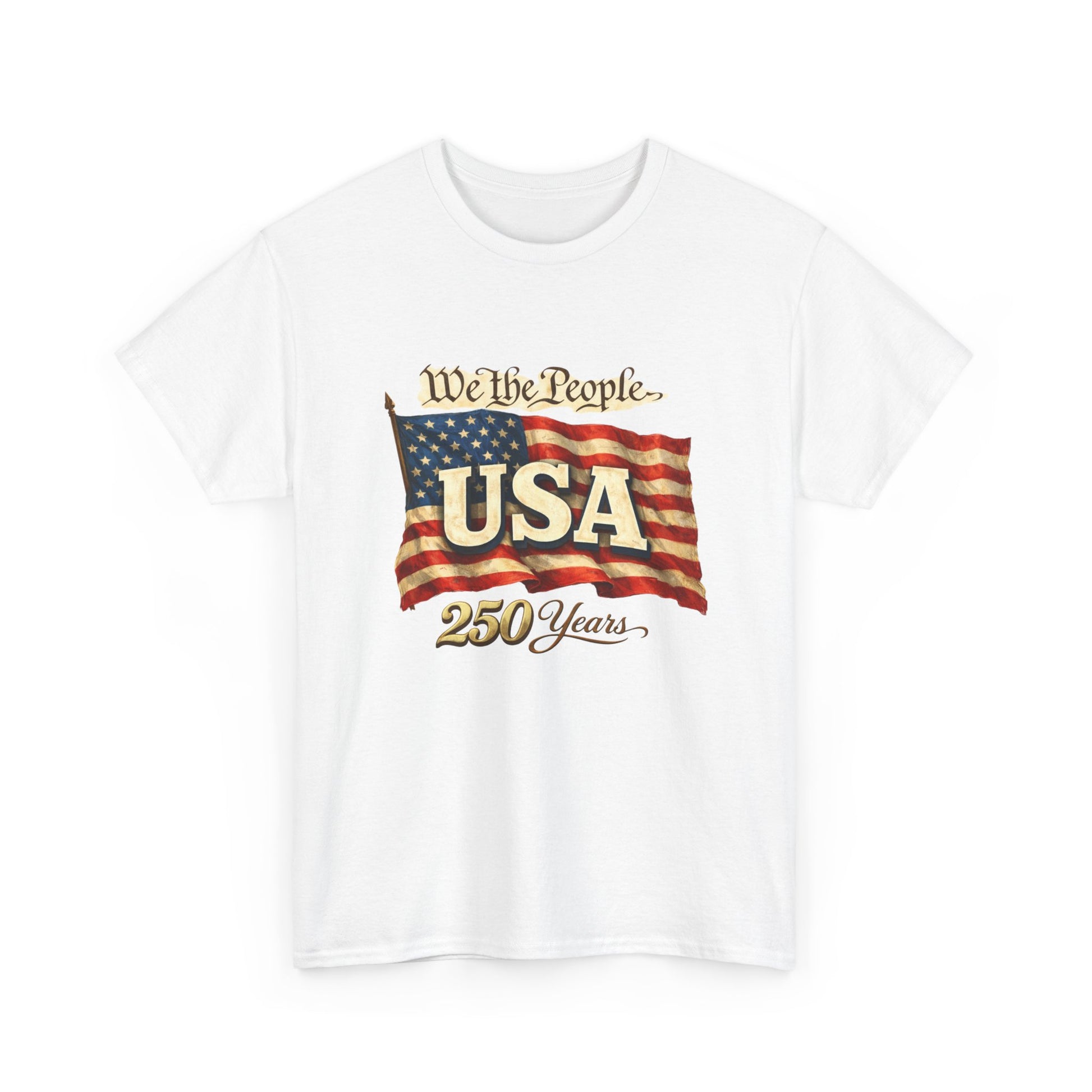 White t-shirt with American flag graphic and 'We the People USA 250 Years' text on a white background