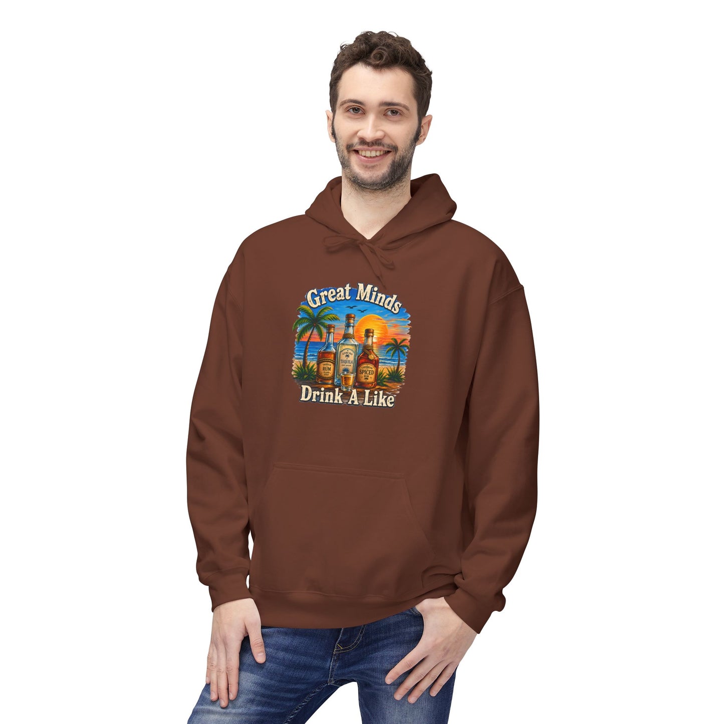 Great Minds Drink Alike Hoodie — Tropical Sunset Palm Beach Graphic Sweatshirt