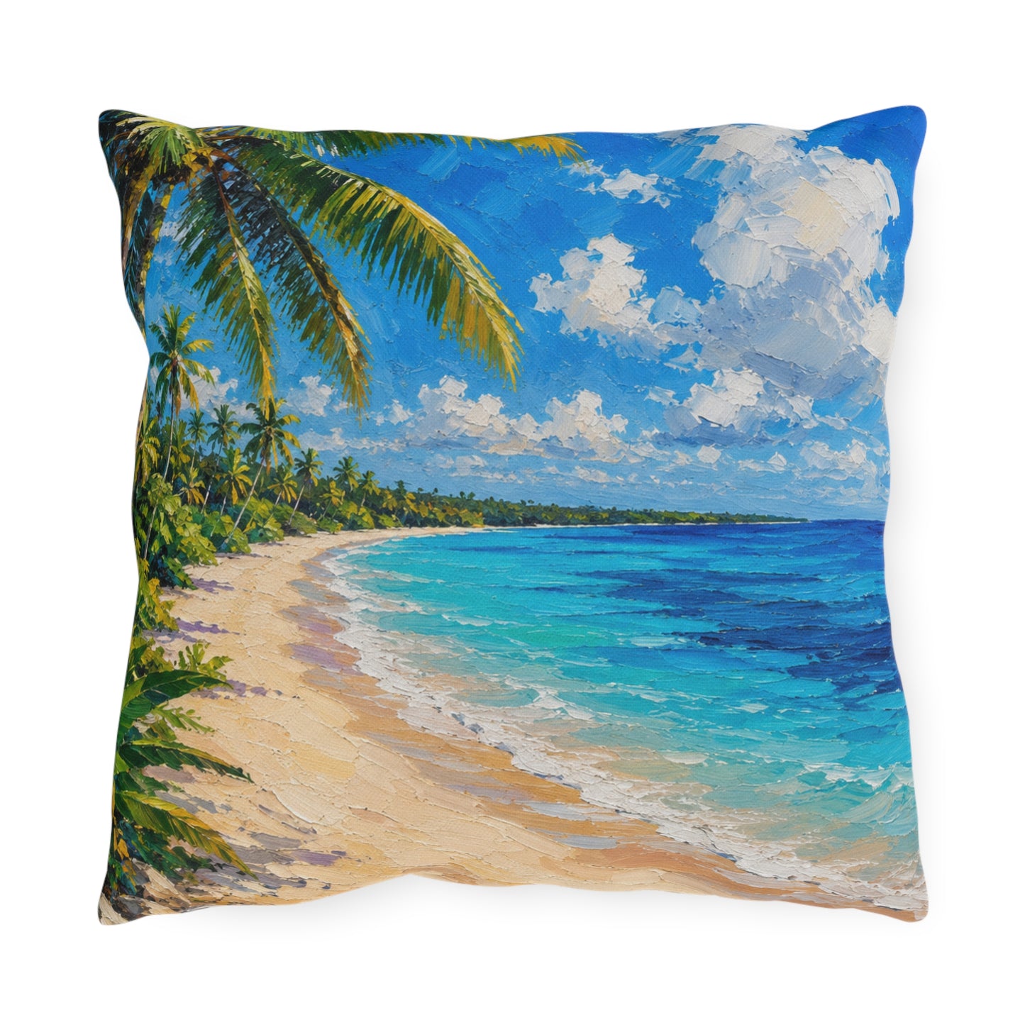 Tropical Caribbean Beach Outdoor Pillow — Coastal Palm Tree Seaside Decor