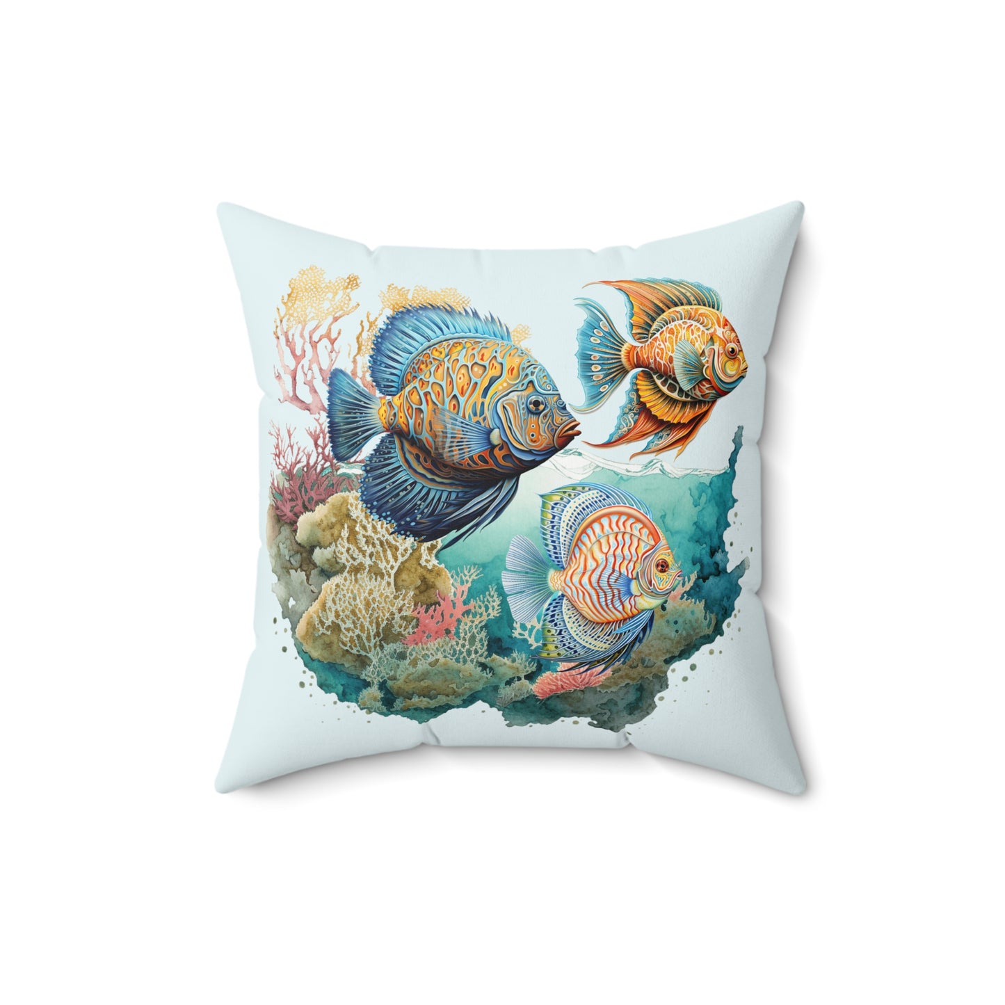 Trio Fish with Coral Left Spun Polyester Square Pillow Caribbean Rays