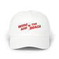 White cap with red text 'Wine and the Beach' on a white background