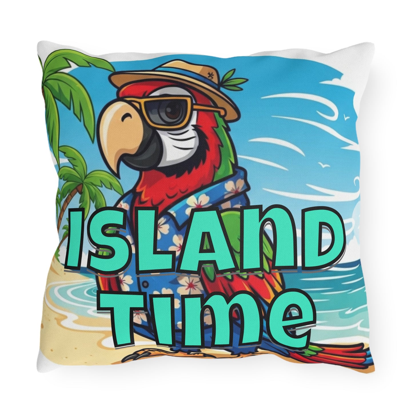 Pillow with a parrot illustration and 'Island Time' text on a beach background