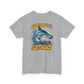 Gray t-shirt with barracuda graphic and text on a white background