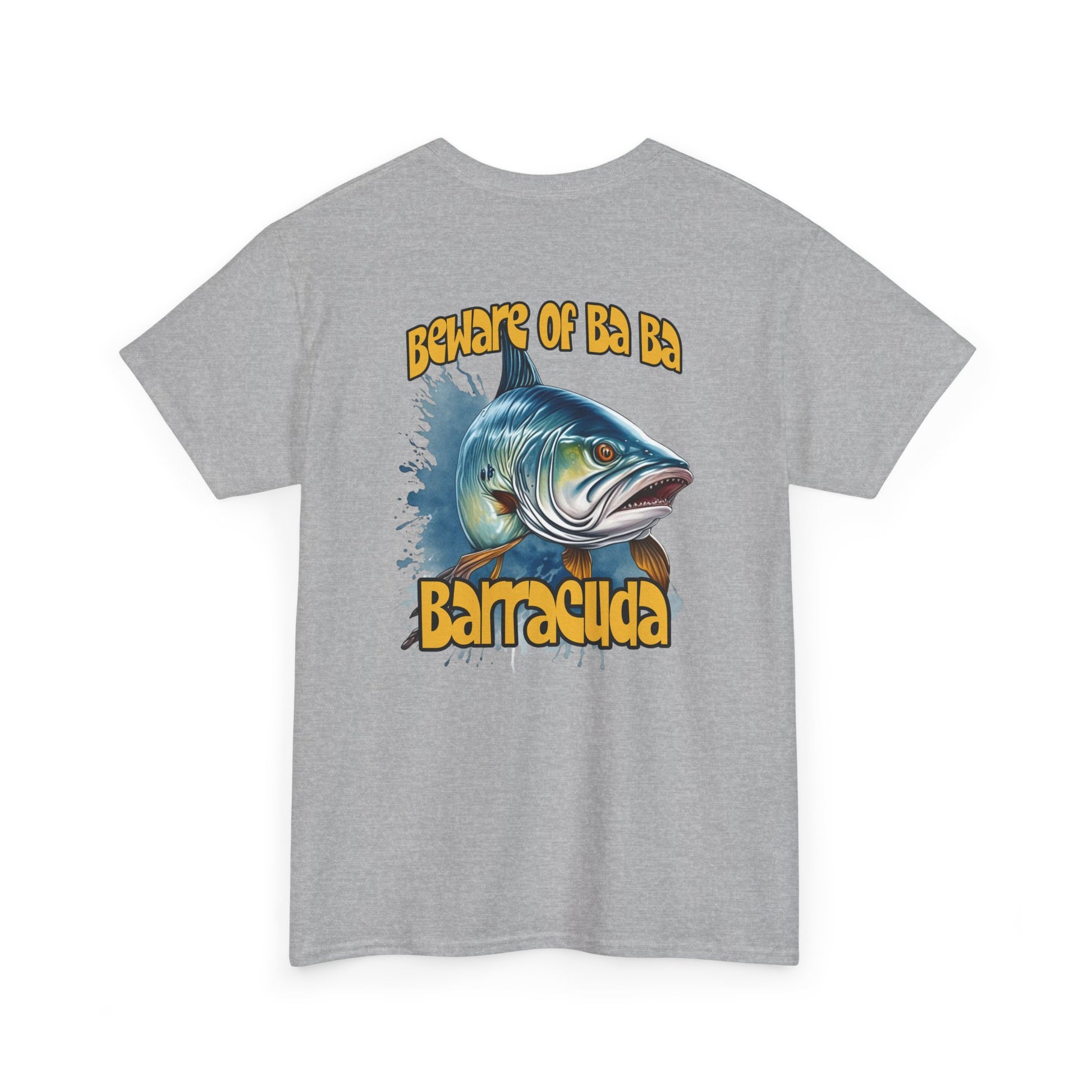 Gray t-shirt with barracuda graphic and text on a white background