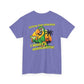Purple t-shirt with a colorful parrot graphic and text on a white background