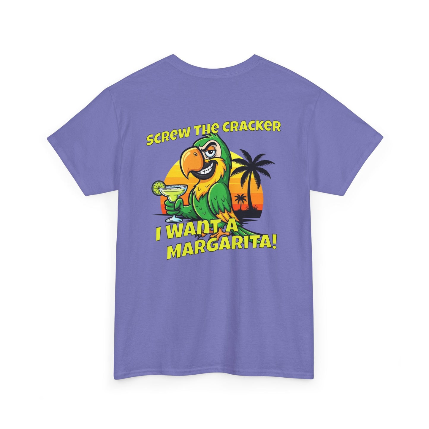 Purple t-shirt with a colorful parrot graphic and text on a white background