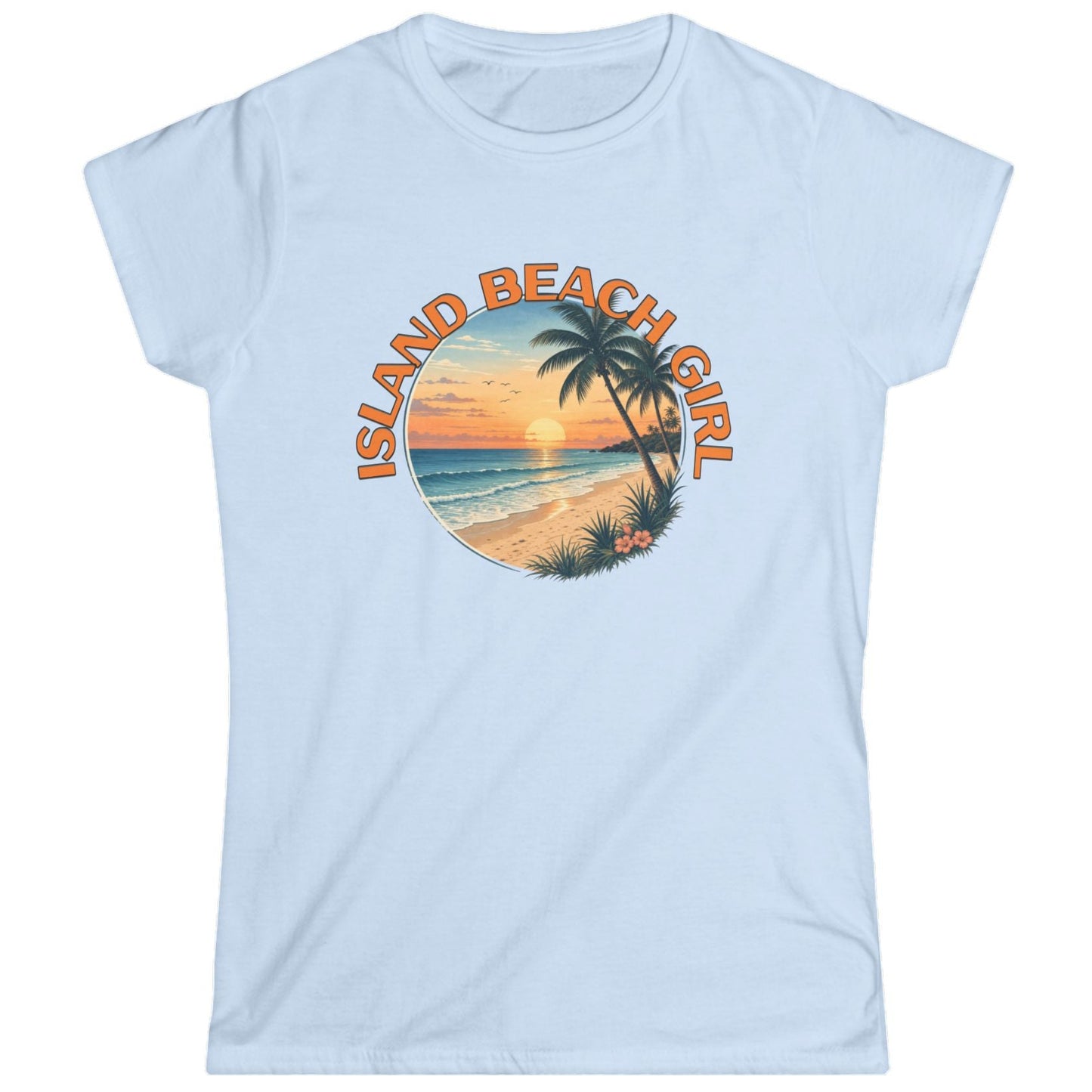 Light blue t-shirt with 'Island Beach Girl' graphic design on a white background