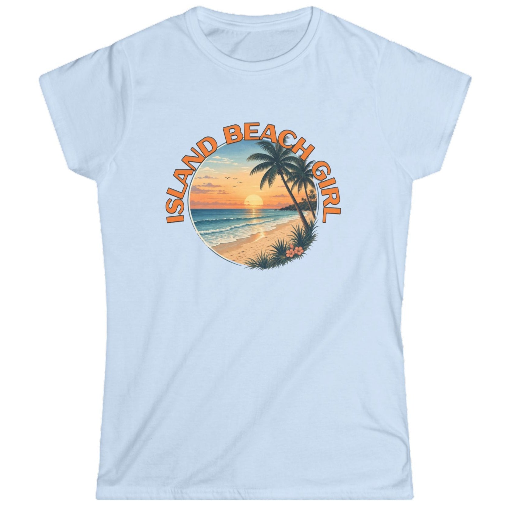 Light blue t-shirt with 'Island Beach Girl' graphic design on a white background