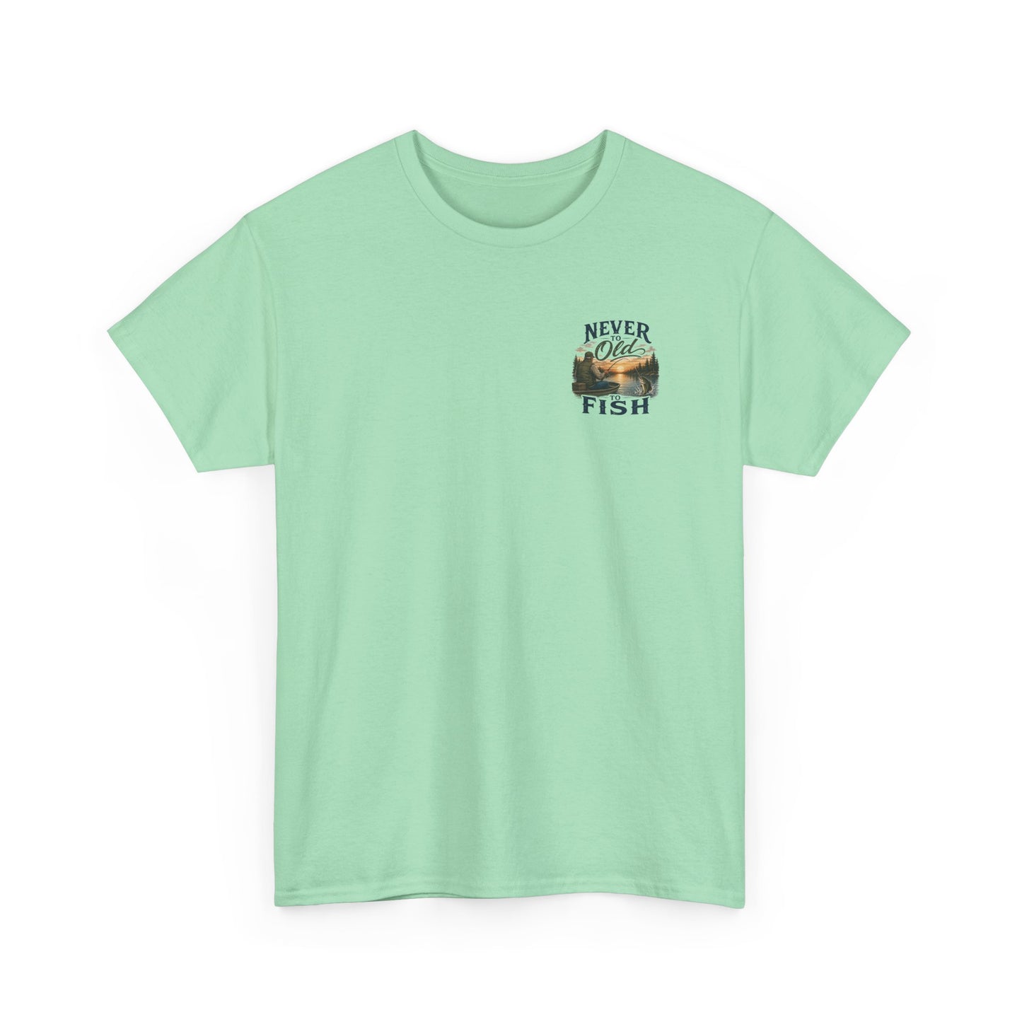 T-Shirt — "Never Too Old to Fish" Fishing Tee (Sunset Lake Design)