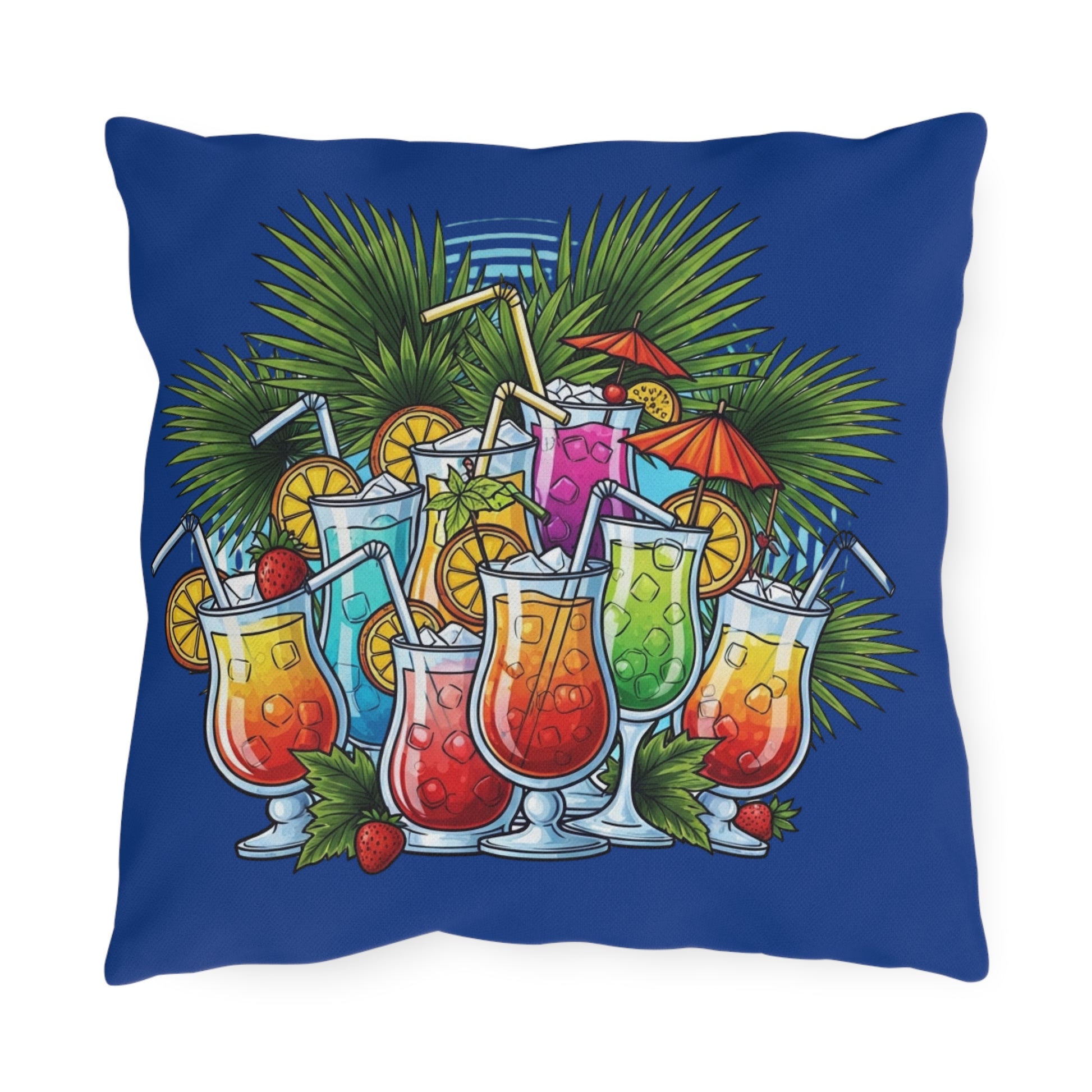 Decorative pillow with colorful tropical drinks and palm leaves on a blue background