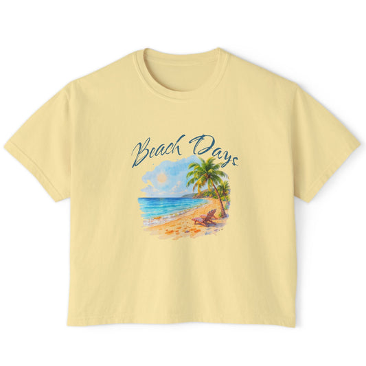 Beach Days Boxy Tee — Tropical Palm Beach Graphic for Women