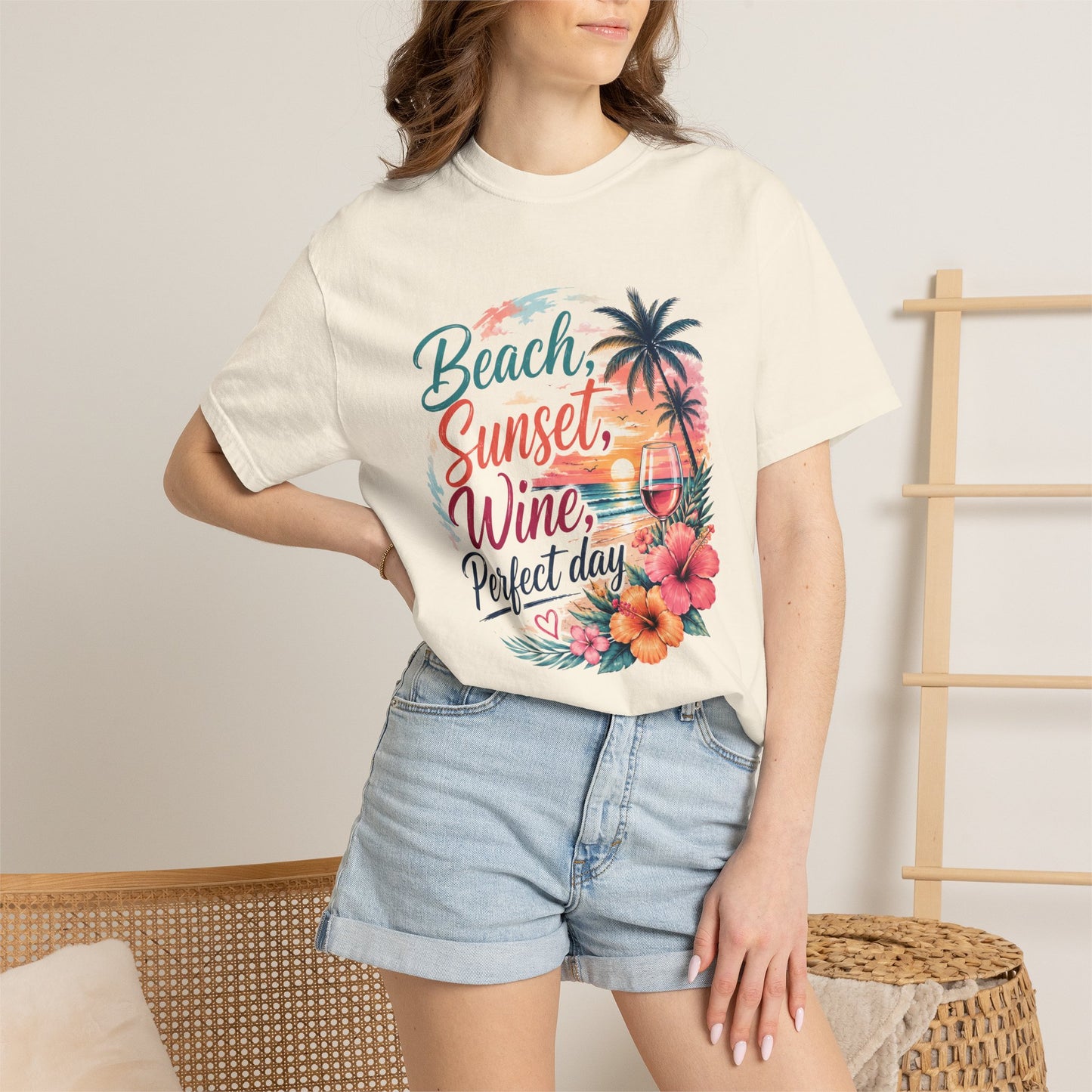 Beach Sunset Wine T-Shirt — "Beach, Sunset, Wine, Perfect Day" Tropical Graphic Tee