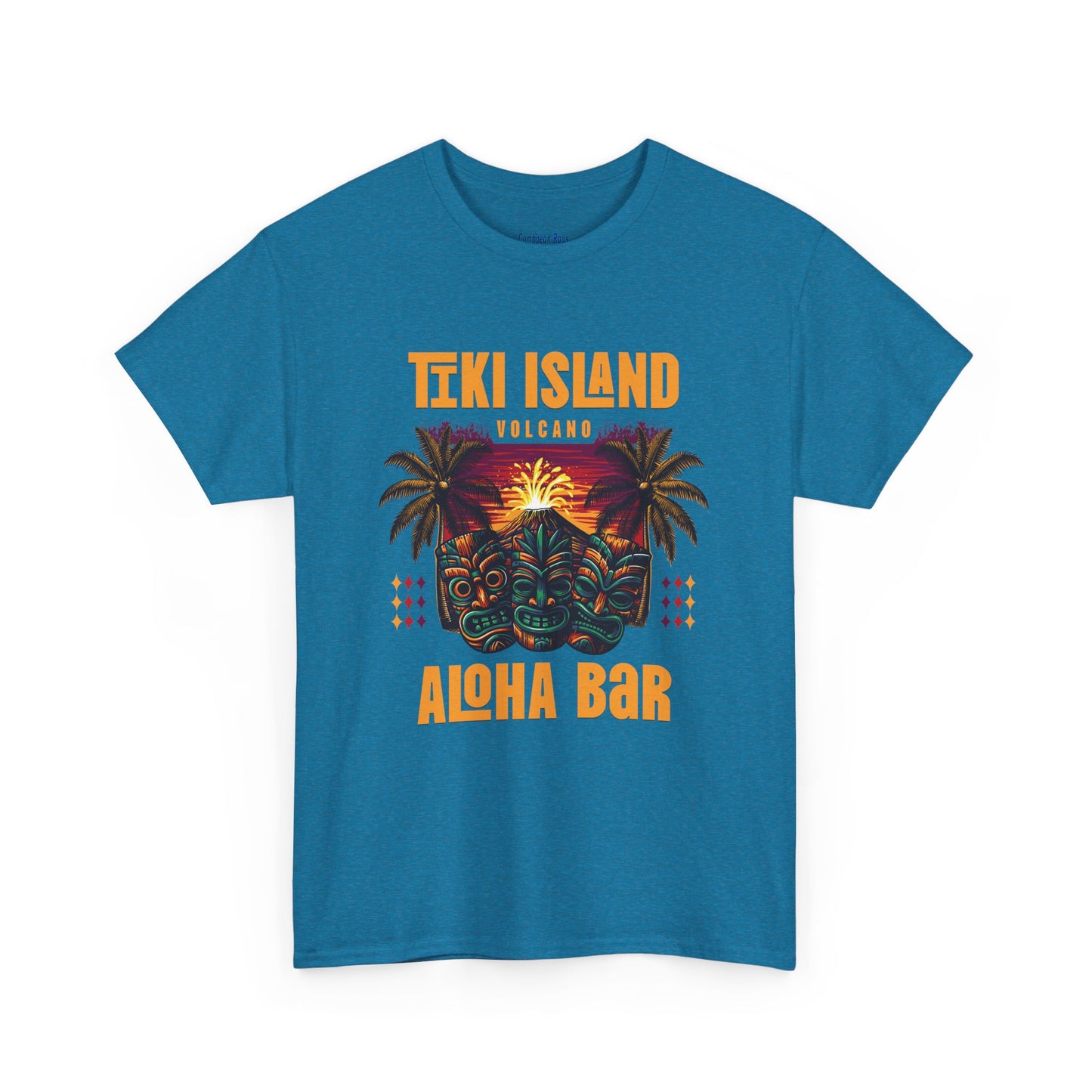 Blue t-shirt with Tiki Island and Aloha Bar design on a white background  at Caribbean Rays