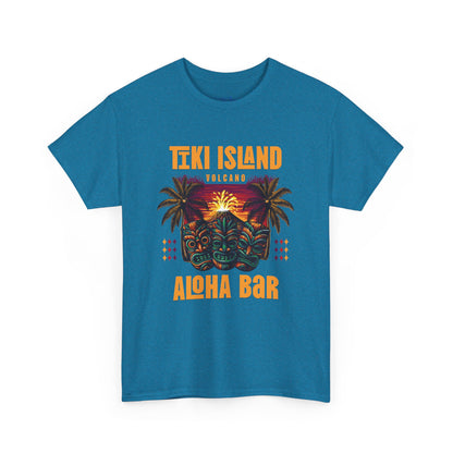 Blue t-shirt with Tiki Island and Aloha Bar design on a white background  at Caribbean Rays