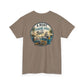Brown t-shirt with a graphic design of a boat, fishing pole, and beer bottle on a white background