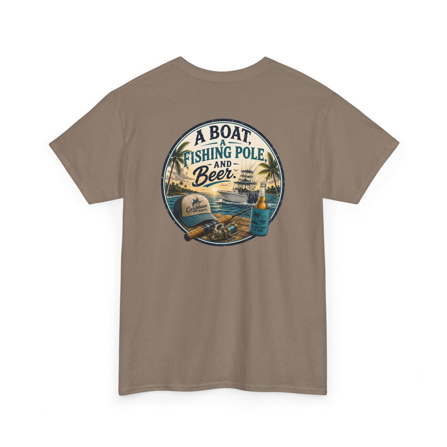 Brown t-shirt with a graphic design of a boat, fishing pole, and beer bottle on a white background