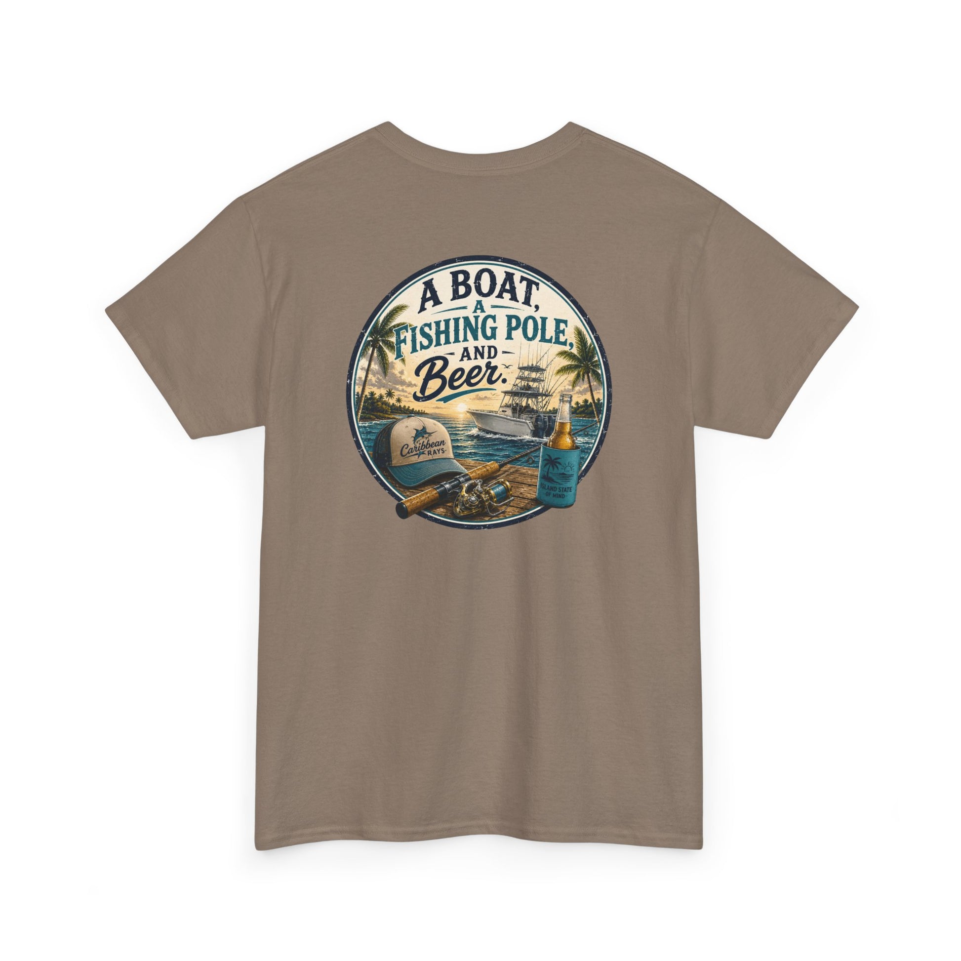Brown t-shirt with a graphic design of a boat, fishing pole, and beer bottle on a white background