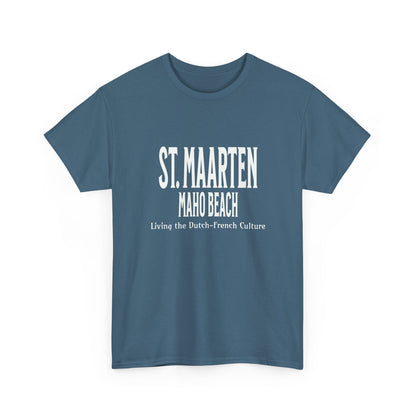 Maho Beach T-shirt in blue with St. Maarten front graphic text