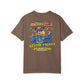 Brown t-shirt with a colorful tiki bar graphic and text on the back