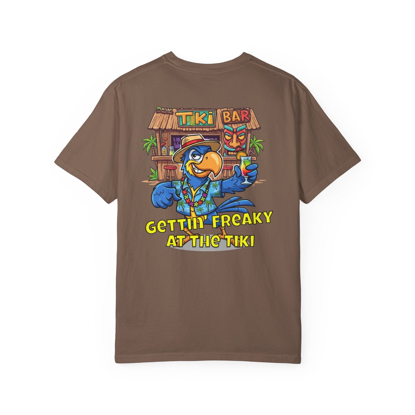 Brown t-shirt with a colorful tiki bar graphic and text on the back