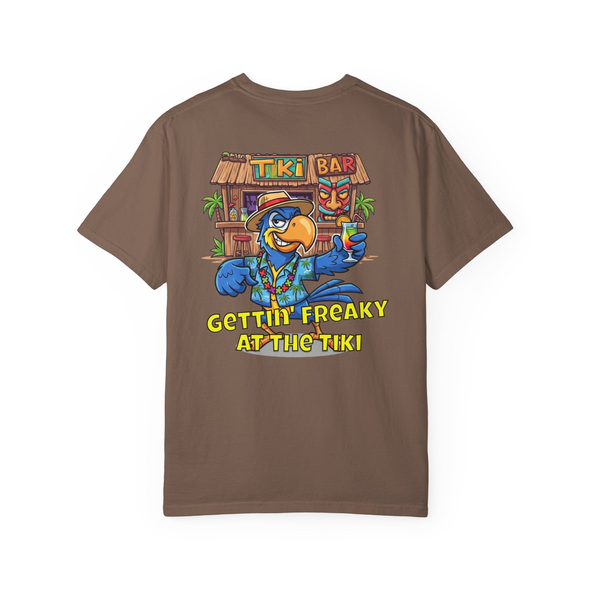 Brown t-shirt with a colorful tiki bar graphic and text on the back