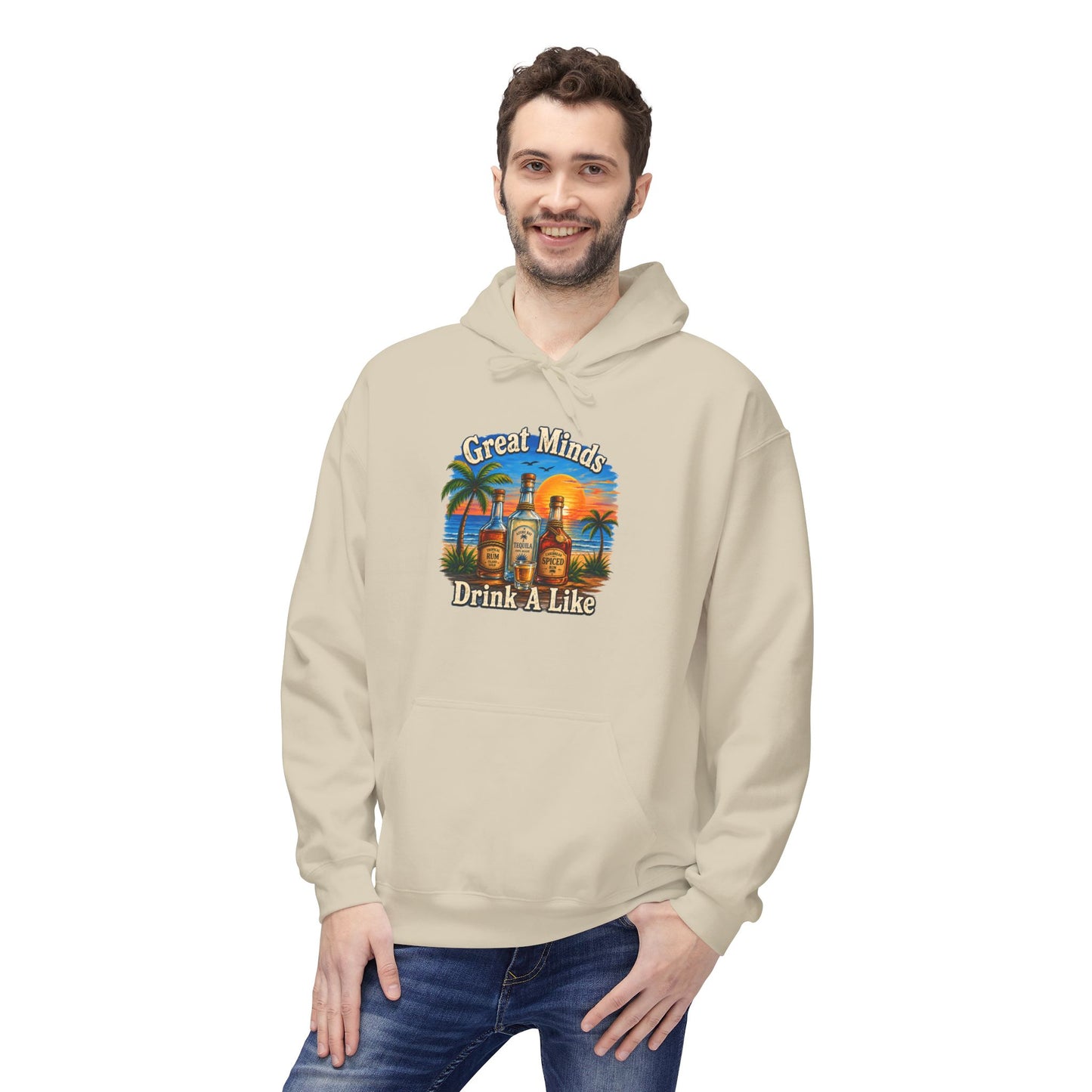 Great Minds Drink Alike Hoodie — Tropical Sunset Palm Beach Graphic Sweatshirt