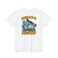 White t-shirt with barracuda graphic and text on a white background