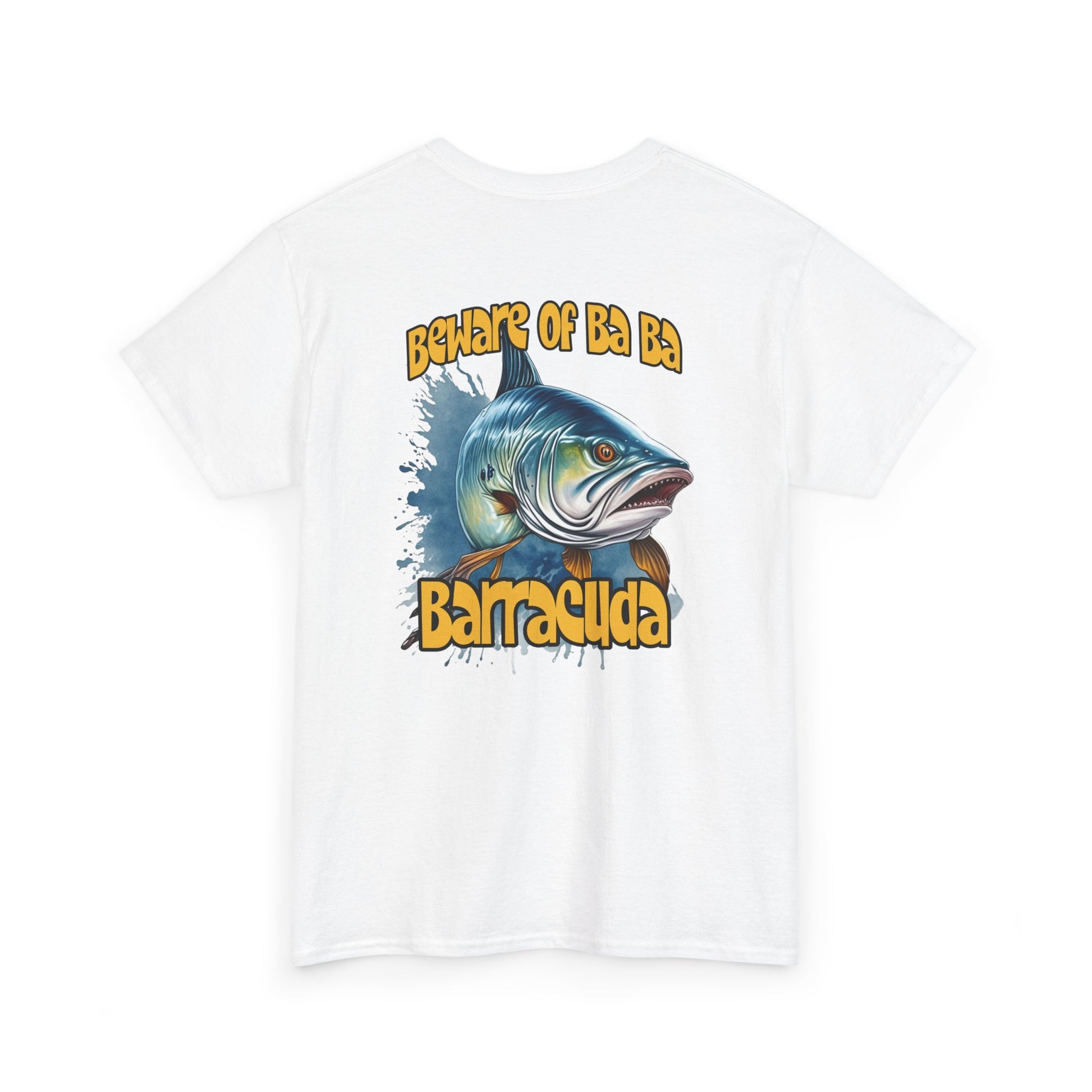 White t-shirt with barracuda graphic and text on a white background
