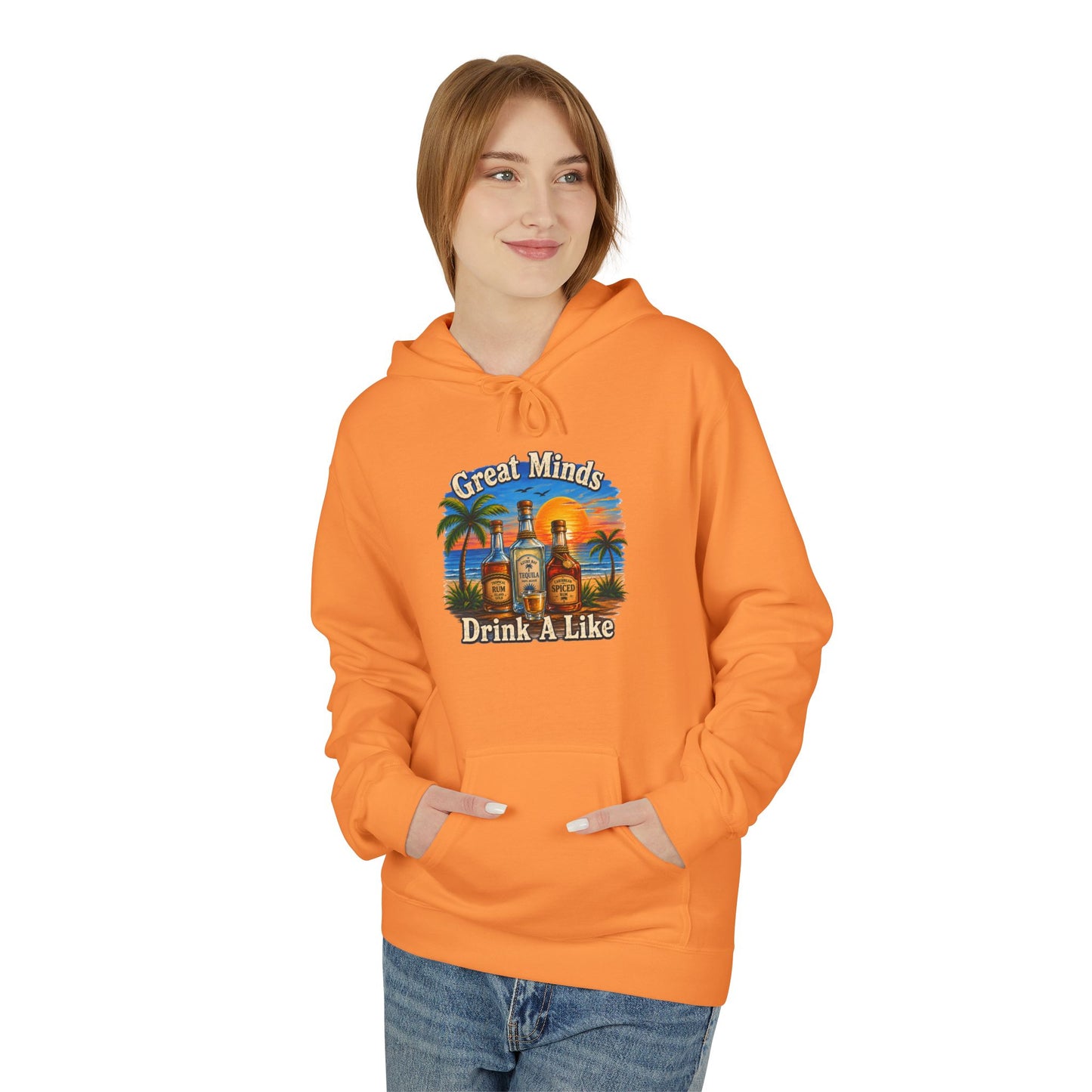 Great Minds Drink Alike Hoodie — Tropical Sunset Palm Beach Graphic Sweatshirt