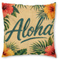 A square decorative throw pillow with a tropical design. The pillow features the word 'Aloha' in a dark teal cursive font, surrounded by green palm leaves and red and orange hibiscus flowers on a textured beige linen-like background.
