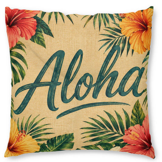 A square decorative throw pillow with a tropical design. The pillow features the word 'Aloha' in a dark teal cursive font, surrounded by green palm leaves and red and orange hibiscus flowers on a textured beige linen-like background.