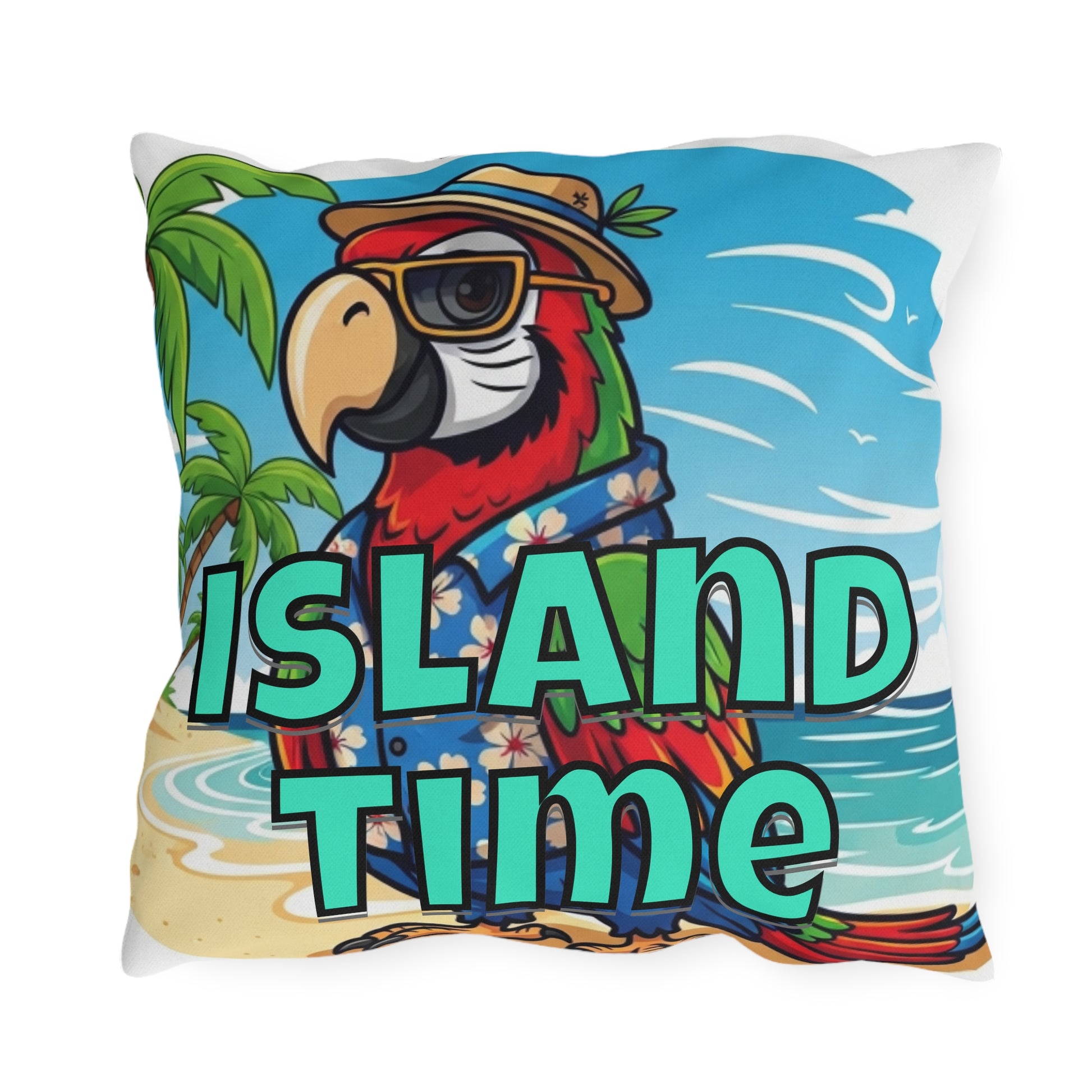 Pillow with a parrot design and 'Island Time' text on a beach scene background.