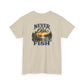 A beige short-sleeve t-shirt with a vintage-style graphic on the chest that reads 'NEVER TOO Old FISH' around a sunset lake scene with a fishing boat and trees.