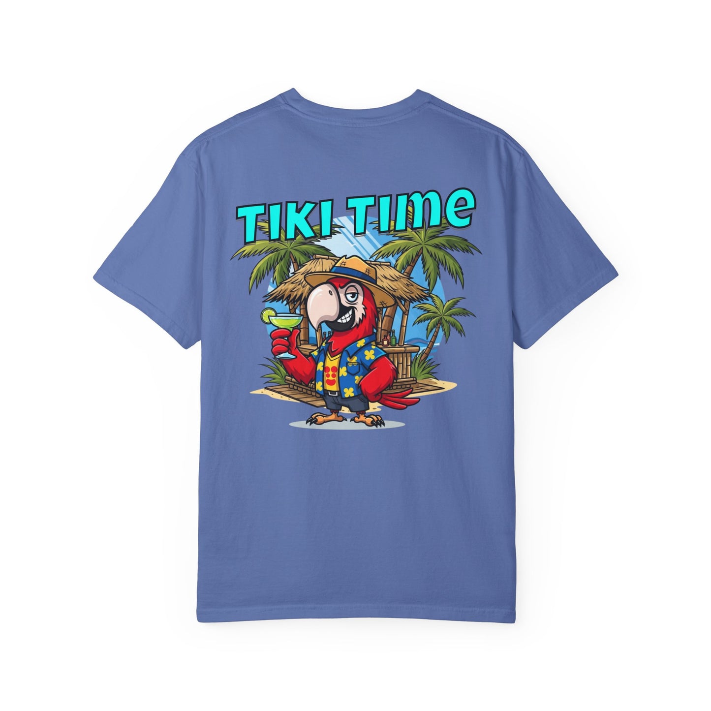 Blue t-shirt with a tropical graphic and 'Tiki Time' text on a white background
