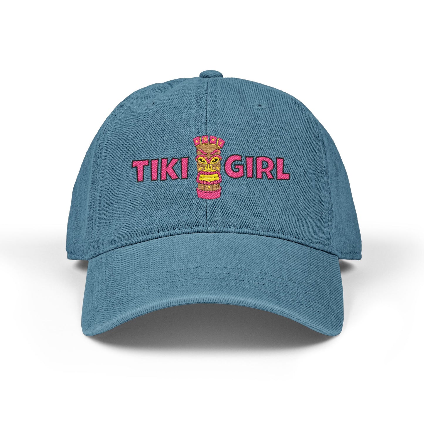 Blue cap with 'Tiki Girl' text and tiki design on a white background