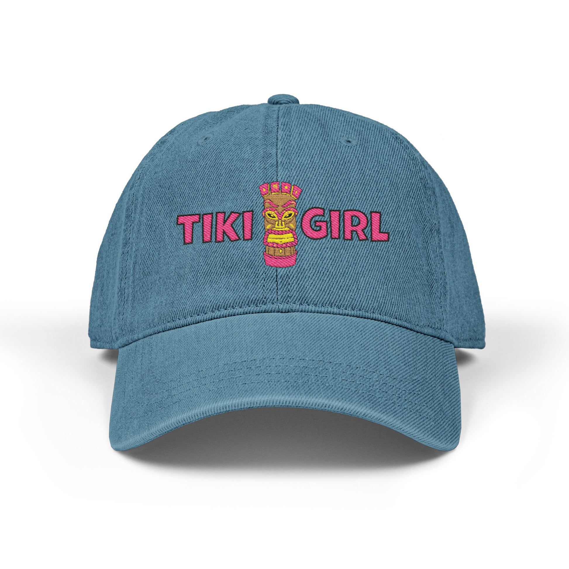 Blue cap with 'Tiki Girl' text and tiki design on a white background