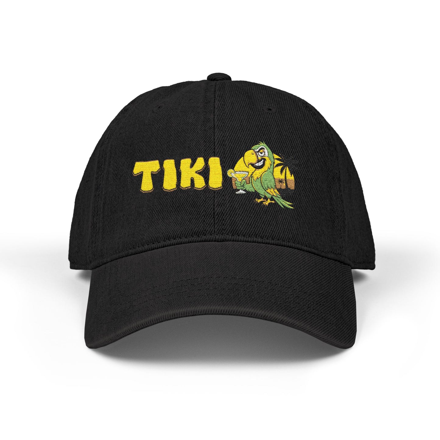 Black cap with 'TIKI' and a cartoon parrot design on a white background