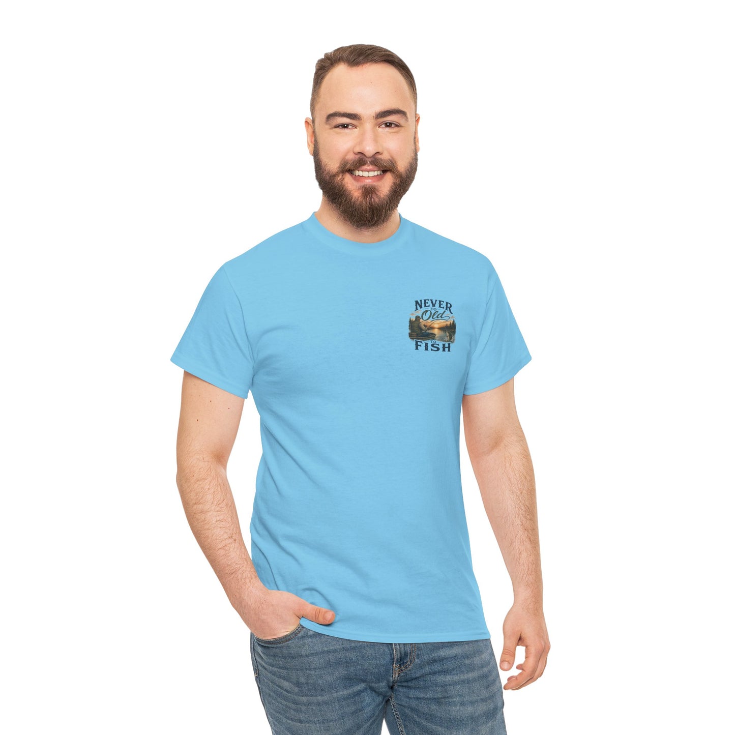 T-Shirt — "Never Too Old to Fish" Fishing Tee (Sunset Lake Design)