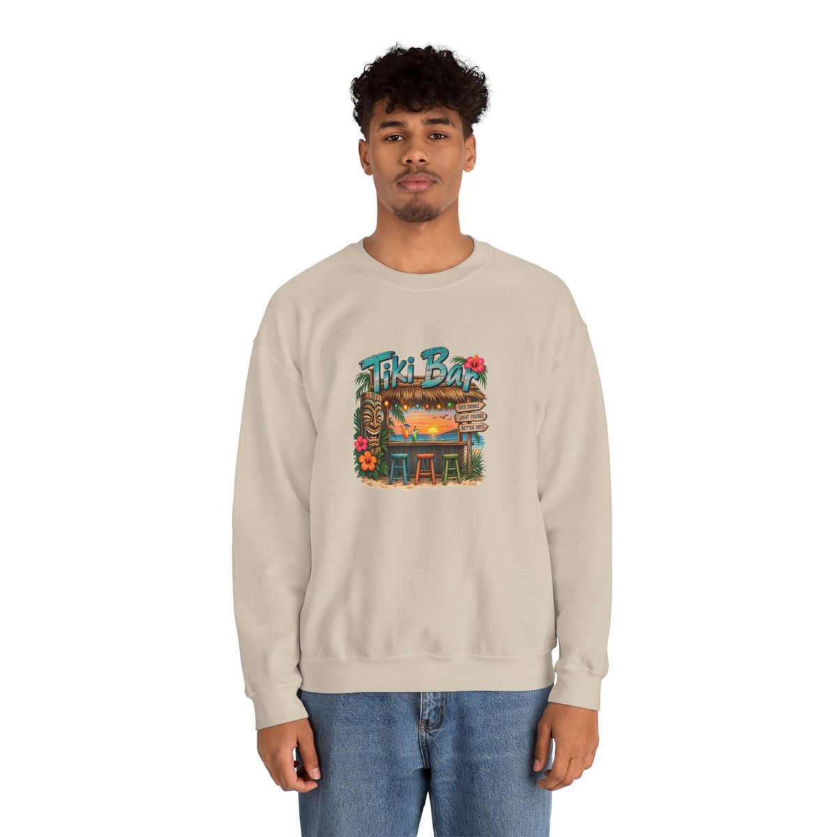 Tiki Bar Crewneck Sweatshirt — Retro Tropical Sunset Design