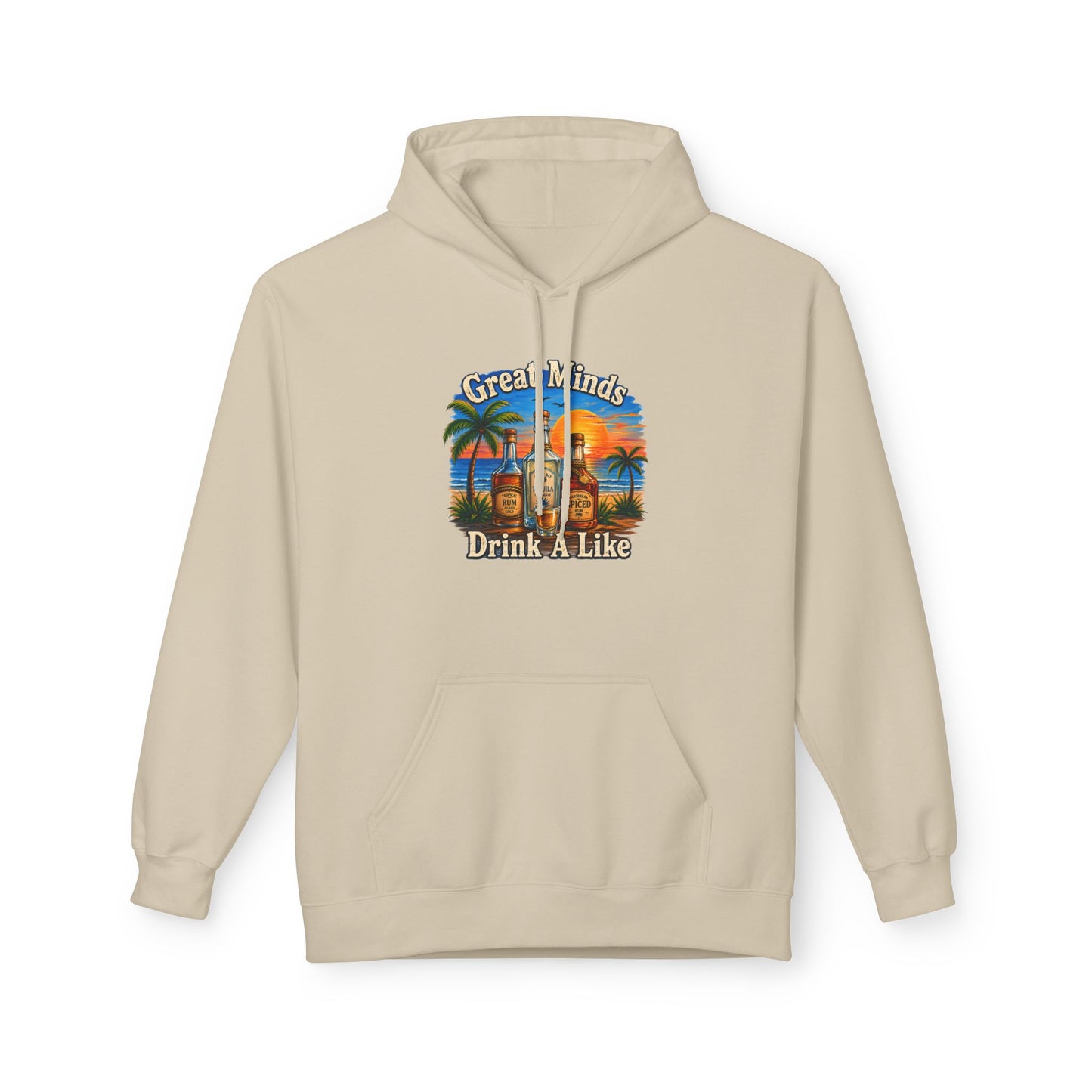 Great Minds Drink Alike Hoodie — Tropical Sunset Palm Beach Graphic Sweatshirt