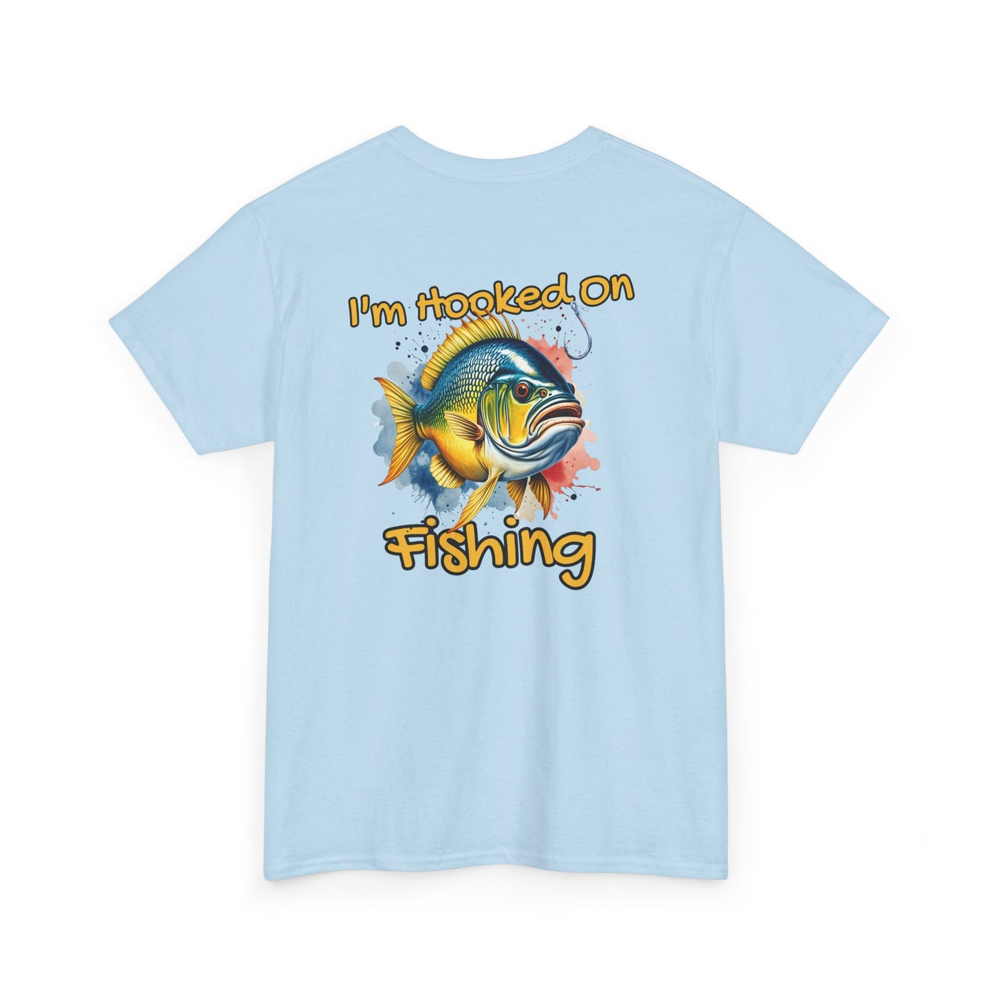 Light blue t-shirt with a fish graphic and 'I'm Hooked on Fishing' text on the back.