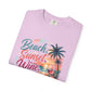 Beach Sunset Wine T-Shirt — "Beach, Sunset, Wine, Perfect Day" Tropical Graphic Tee