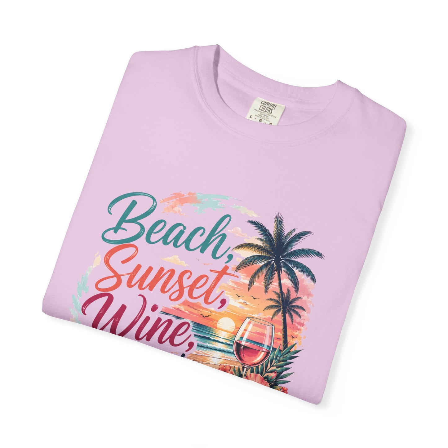 Beach Sunset Wine T-Shirt — "Beach, Sunset, Wine, Perfect Day" Tropical Graphic Tee