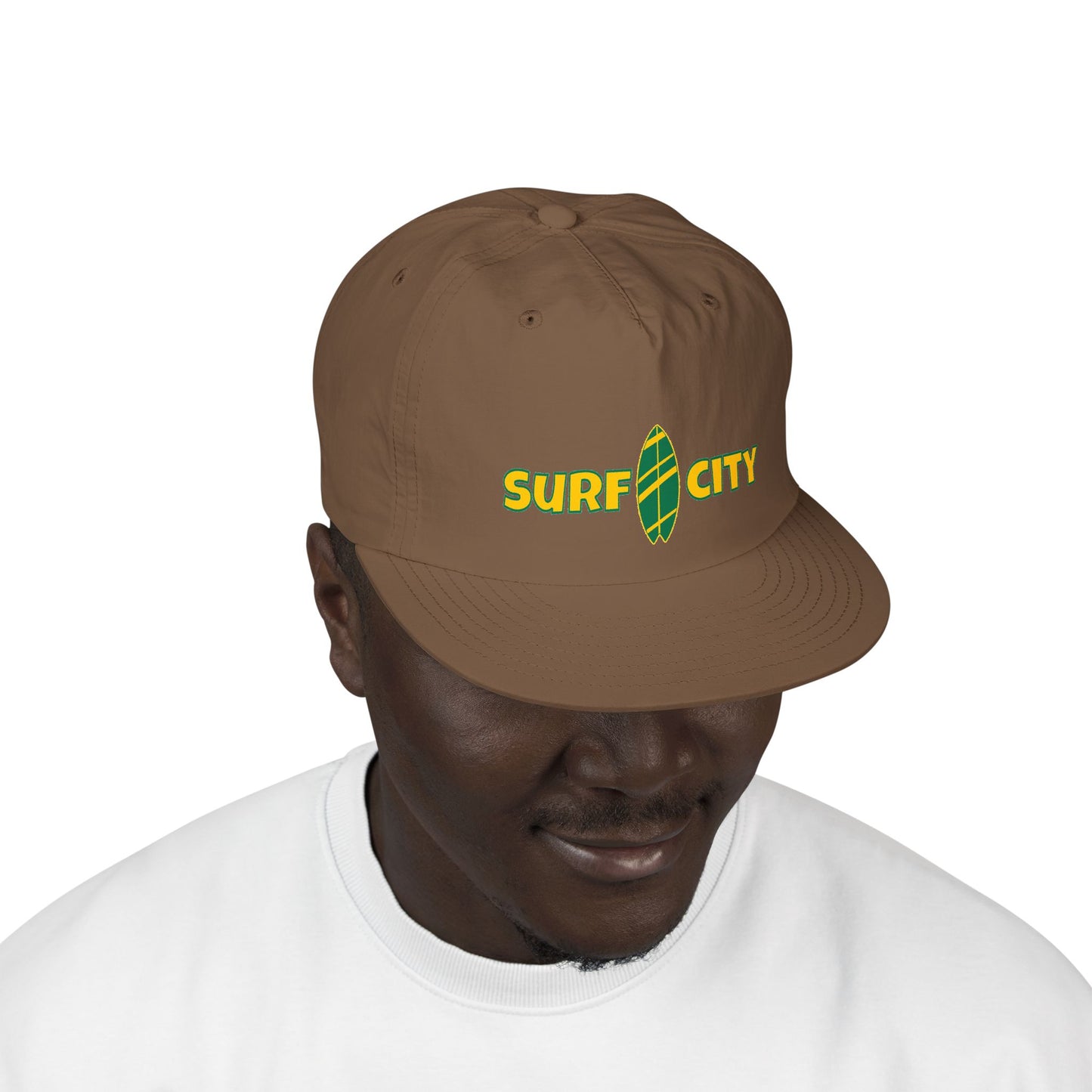 Surf City Embroidered Surf Cap — Retro Surfboard Logo Hat