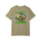 Khaki t-shirt with a parrot graphic and text on the back, on a white background
