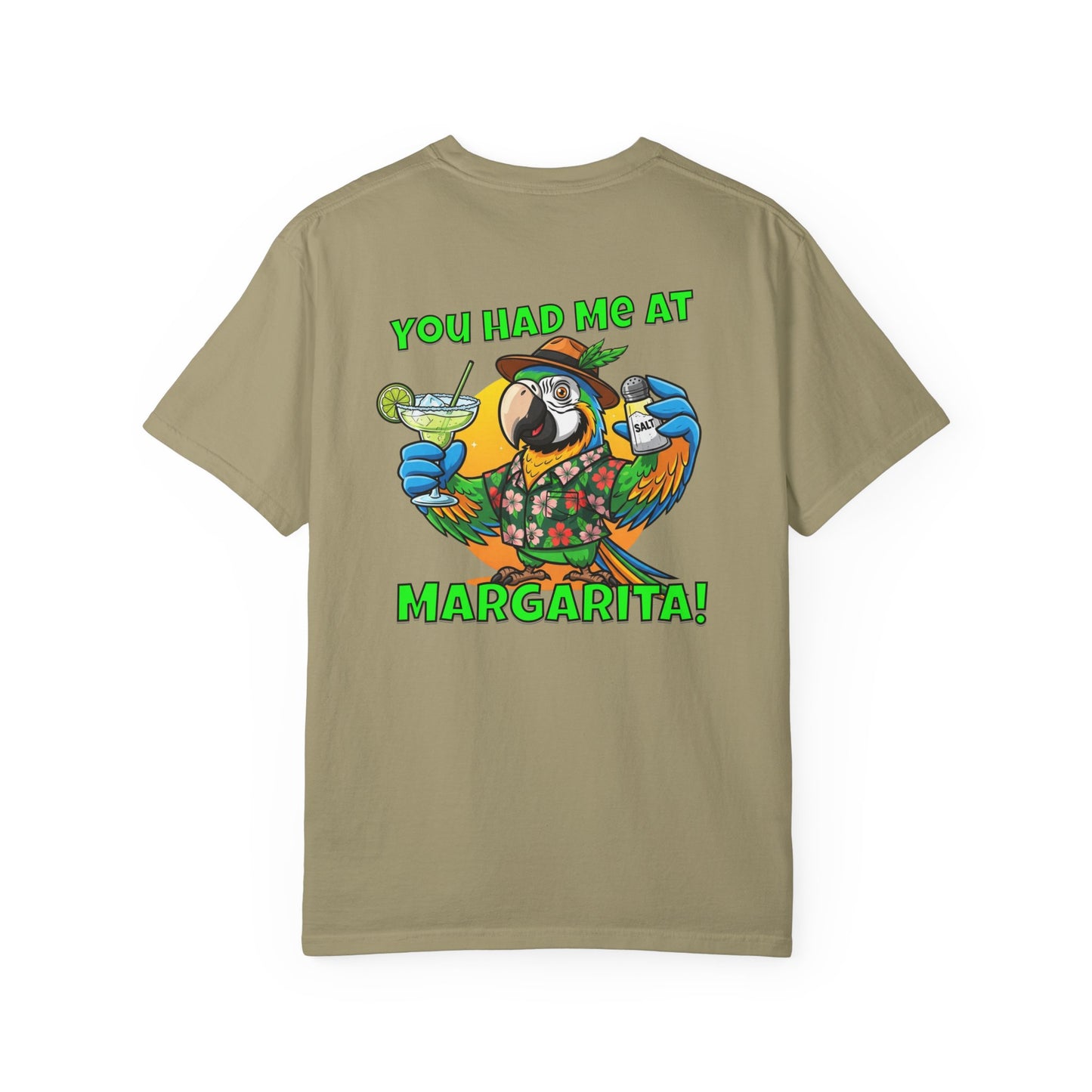 Khaki t-shirt with a parrot graphic and text on the back, on a white background